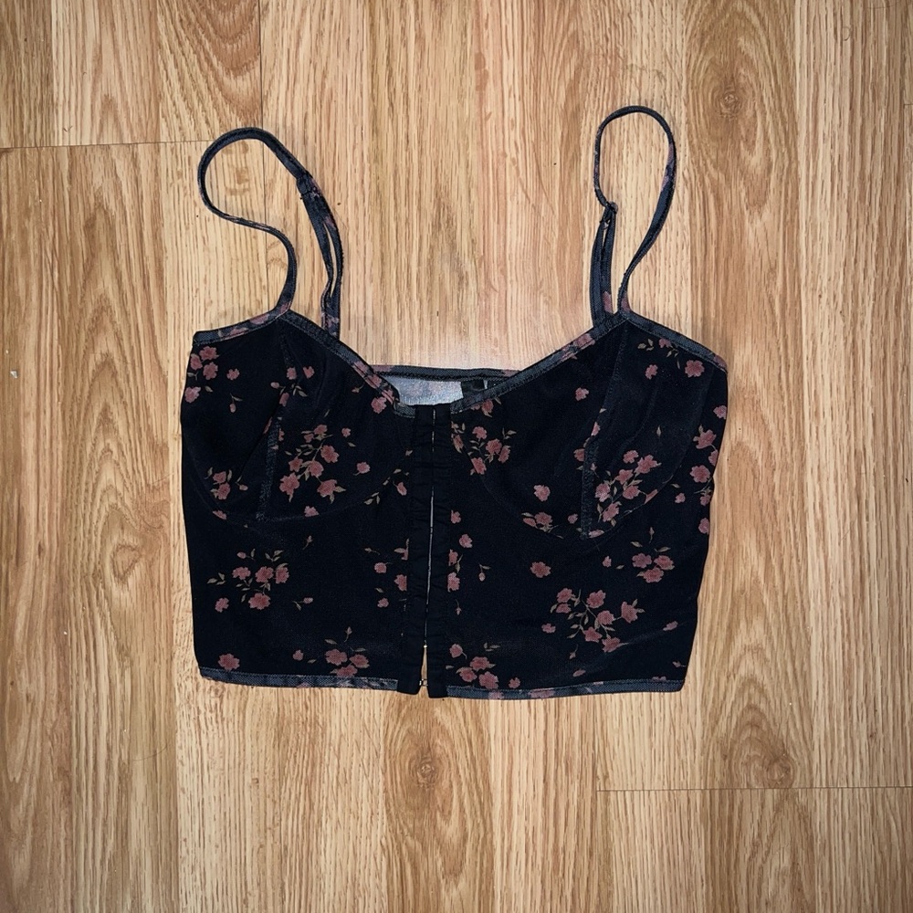 Black Floral Crop Bustier Top
